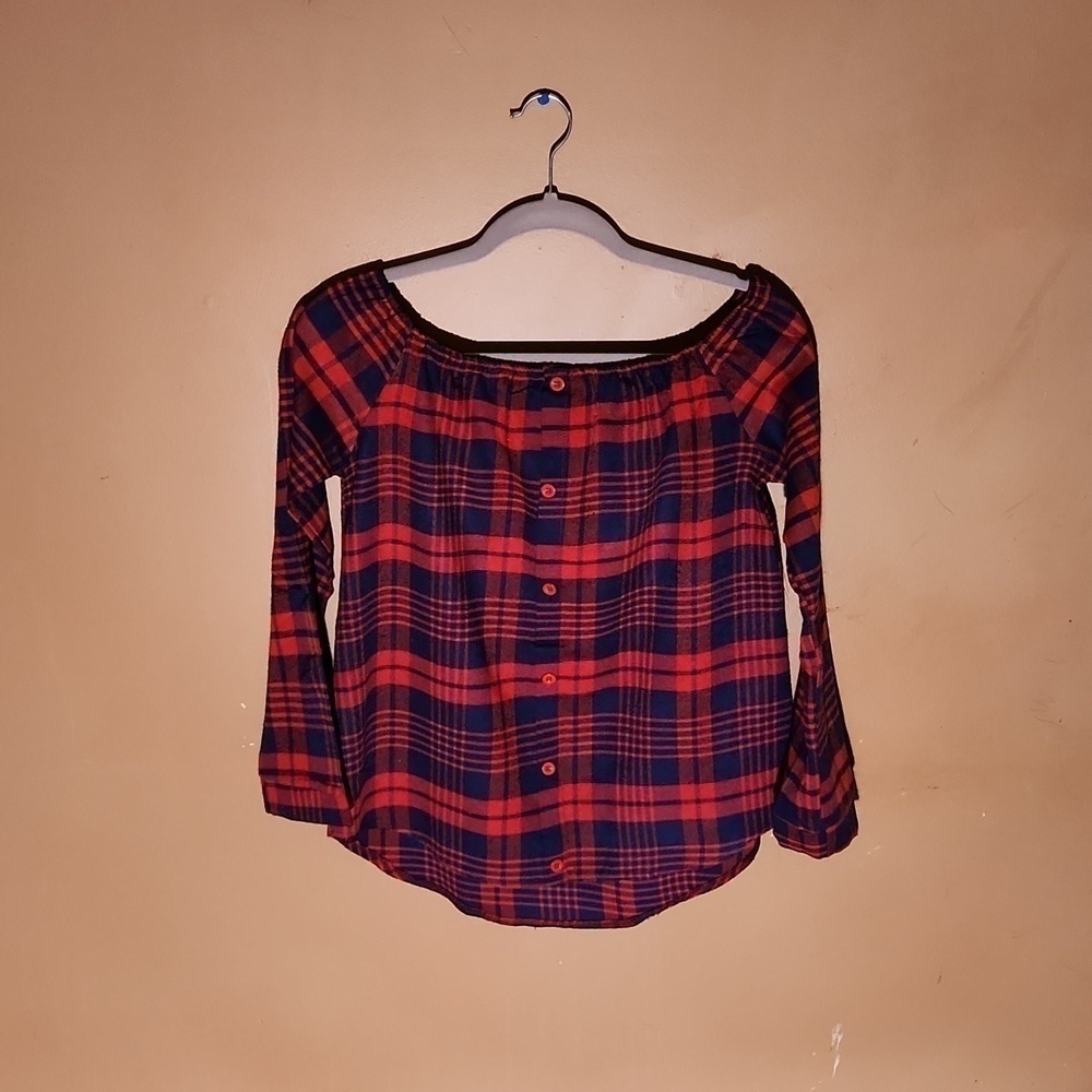 Off the Shoulder Plaid Blouse